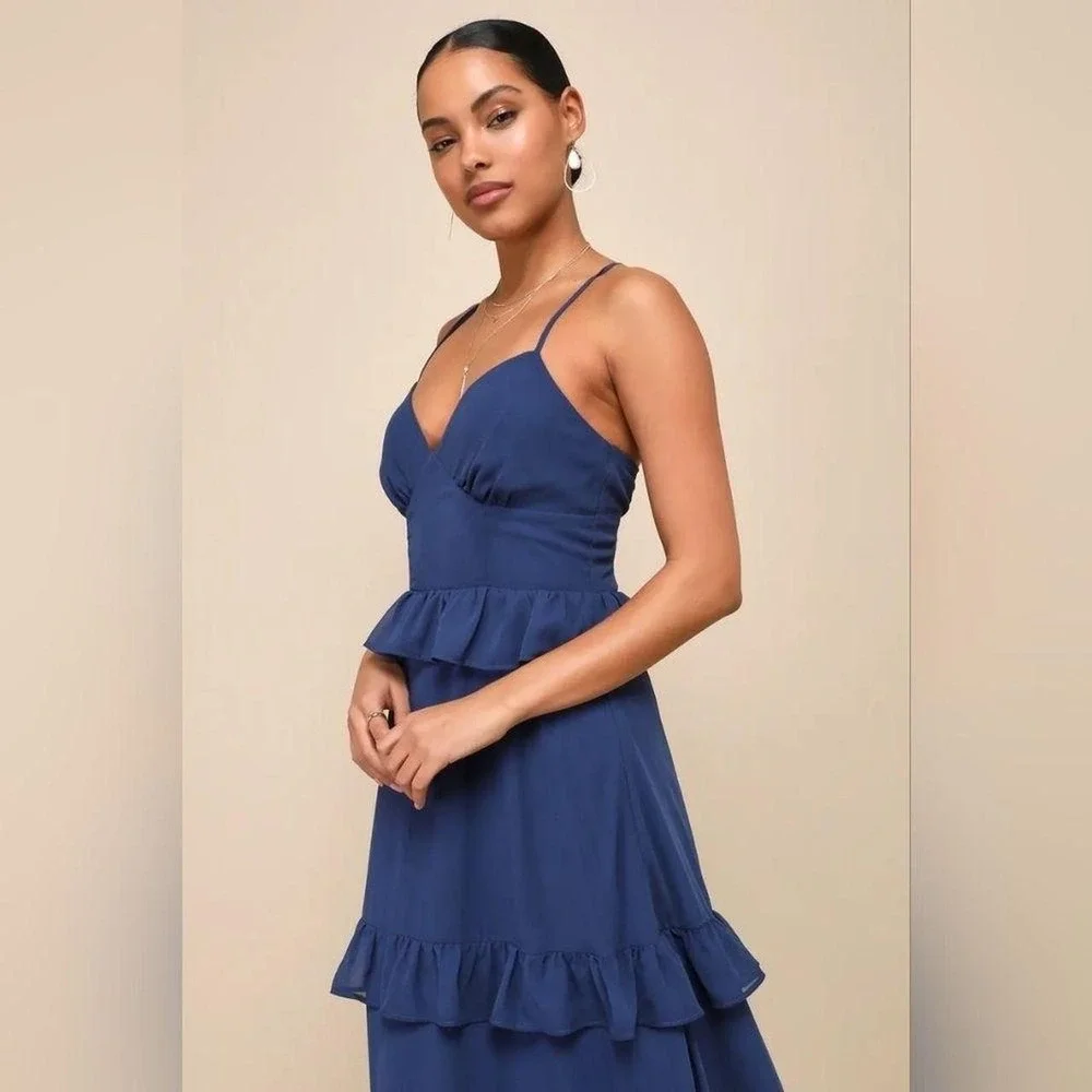 Lulus Captivating Class Lace Up Cross Back Tiered Ruffle Maxi Dress Womens XL